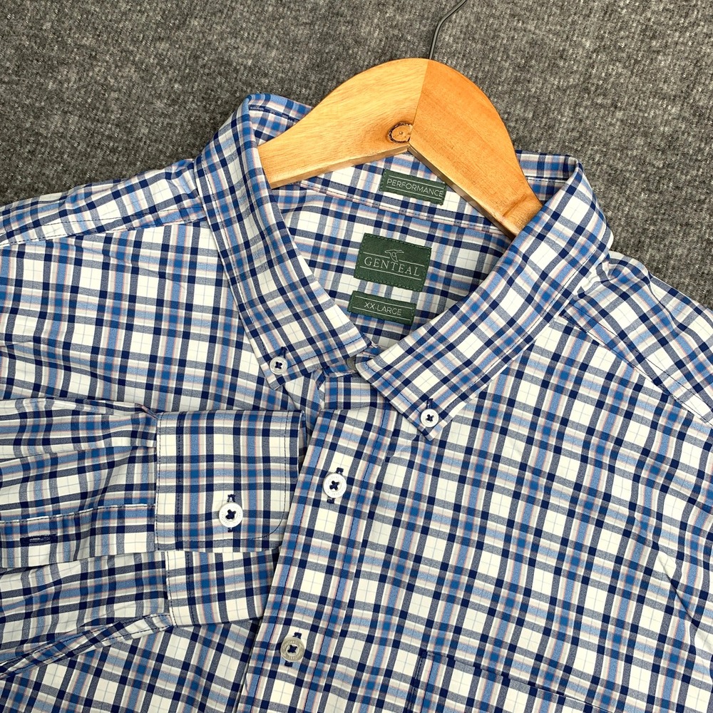 Genteal Performance Shirt Men 2XL Blue Plaid Button Down Nylon Preppy Stretch